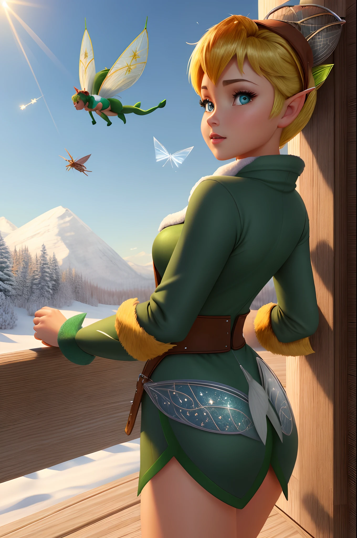 by Kenket, by totesfleisch8, (by thebigslick, author：Silver Fox 5213:0.8), (By Syuro:0.2), Masterpiece, 8K, Perfect ligthing, , Adult, Female, view the viewer, Cinematic lighting, Cowboy shot, (Tinker Bell:1.5), (Tinker Bell Waifu:1.1), single hair bun, (Green winter coat), (Green clothes), ((Clothes made from leaves)), Pointy ears, Blue eyes, (A detailed eye:1.2), Blush, shrunken, Air flight, (fly in sky:1.8), Clouds, pixiedust, winter, Snow, forest, Island,, (Uploaded on e621,8K, RAW photo, high resolution,High quality), ((Masterpiece)), Female, (Wear a shirt and a bottomless pit), (Front view), (Cinematic lighting), back lit lighting, (shaded), Detailed background, by Dagasi, (By personalami), [author：ruanjia], Photorealistic, Hyperrealistic,