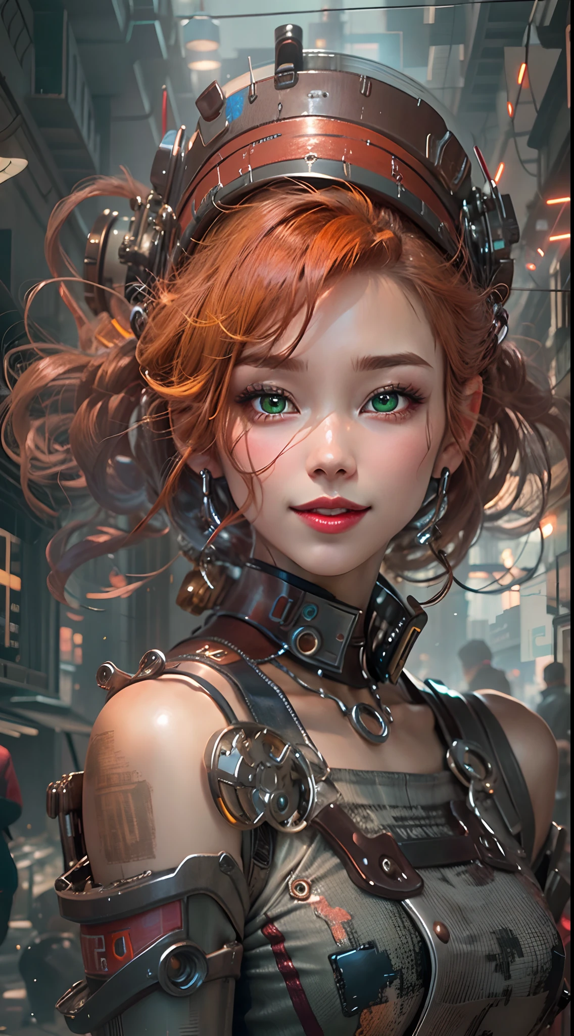 Fille caucasienne dansant devant Transformers Optimus Prime，（Transformateurs 3 Optimus Prime：1.37），Une jeune fille caucasienne de 19 ans，Avec un visage souriant，Marcher dans la rue dans une combinaison steampunk gris clair. bottes rouges,tour de cou steampunk, visage détaillé parfait, yeux verts symétriques détaillés avec iris circulaire, La tendance Wave Ginger Hair sur CGSTATION，art animé cyberpunk numérique，Ross Tran 8K，Guweiz sur ArtStation Pixiv ，