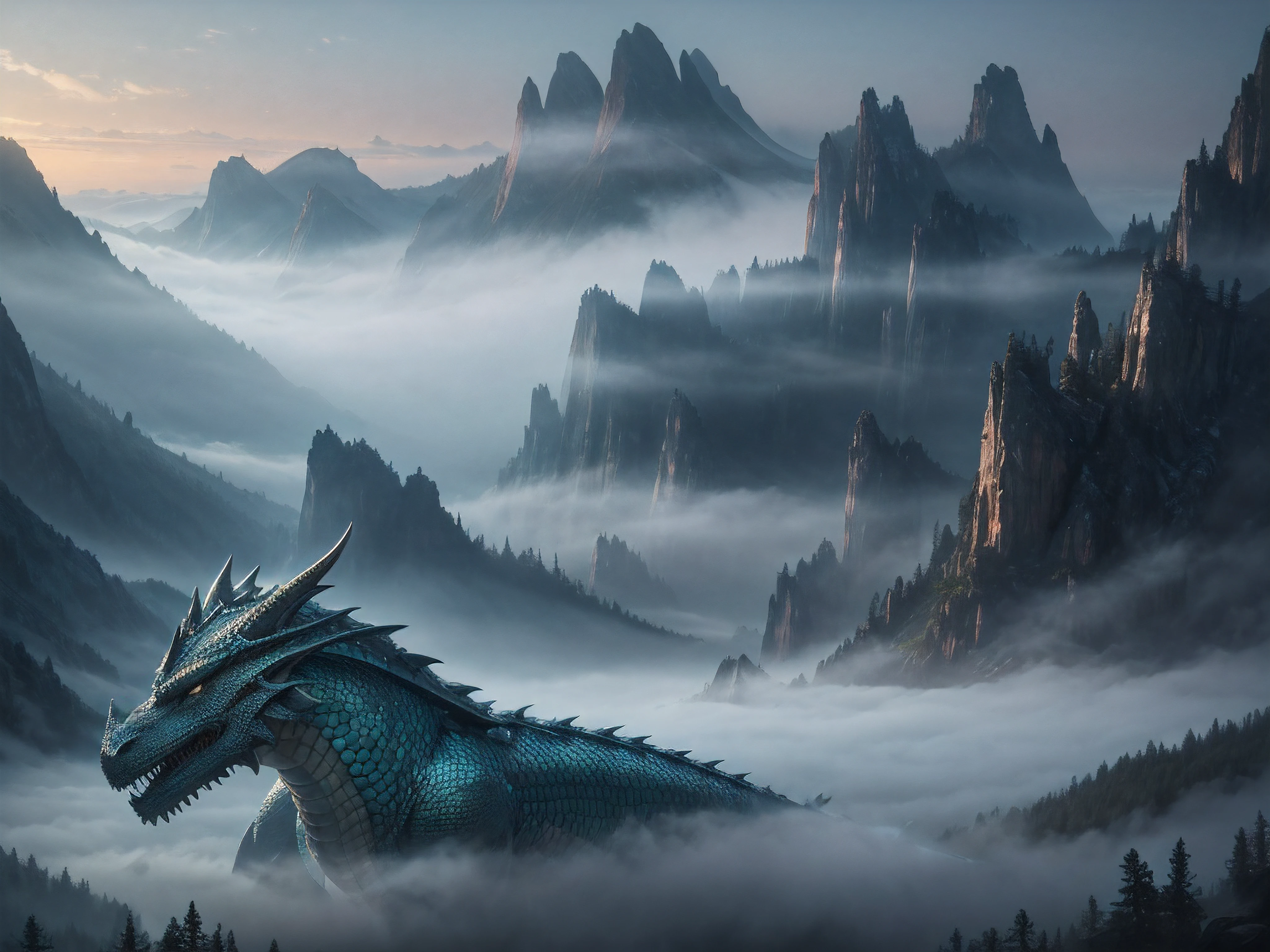 A dragon is standing in the middle of a mountain with fog - SeaArt AI