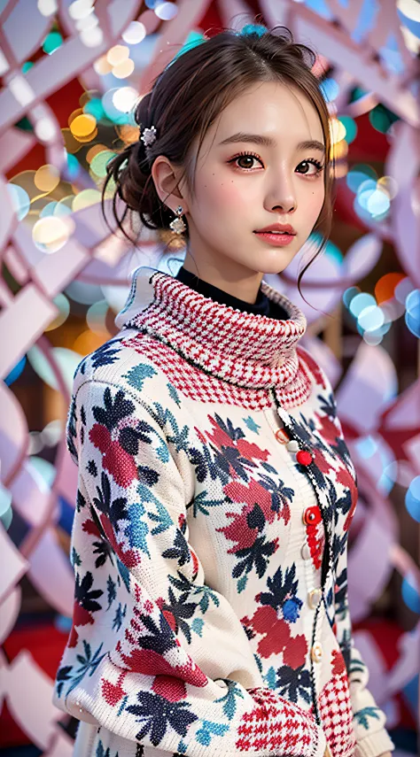 (symmetrical, Compositions with colorful geometric arabesque patterns, Flowers, bubbles and splash and Shining), break, (1girl), (18 years old), Super beautiful detailed face, smile shyly, symmetrical black eyes, small breasts), break, (red houndstooth coa...