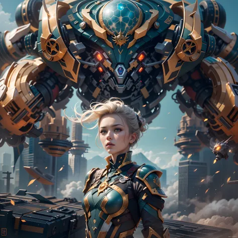in a panoramic view，photorealestic，Up，Half-human, Cyborg fighting girl，The body is made up of high-tech machinery，Beautiful face，High-tech gold helmet，High-tech blue goggles，Gold machinery，Golden mech，Set with blue gemstones，Set with red gemstones，Set with...