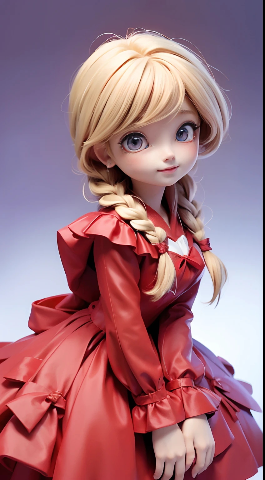 (Best Quality,4K,High resolution), Little pretty girl、red riding hood、((Wearing a red hood、Wearing a fairytale red dress、Blonde and short braided hair、))、Full body projection、ssmile、Chibi、Beautiful blue eyes、Comical depiction、kawaii illustration、busy、Colorful fairytale forest