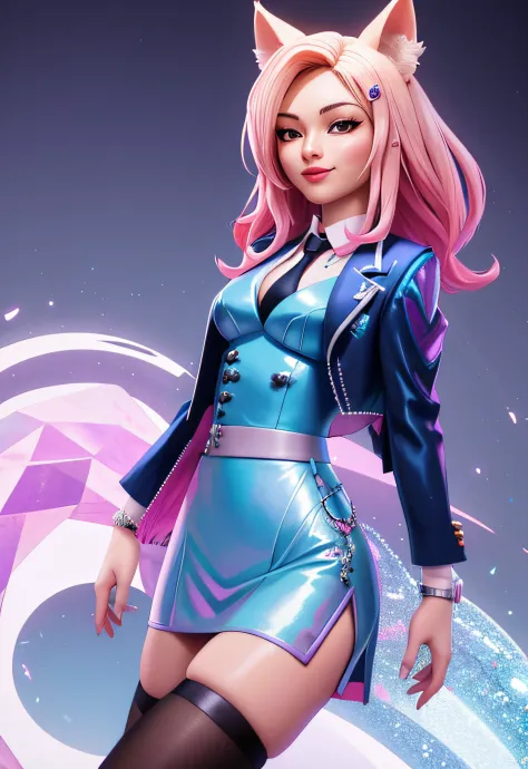 kda_ahri, smirk, sitting,  skirt suit, (((three-piece suit))), (((necktie))), blazer, (((suit jacket))), (((waistcoat))), double...