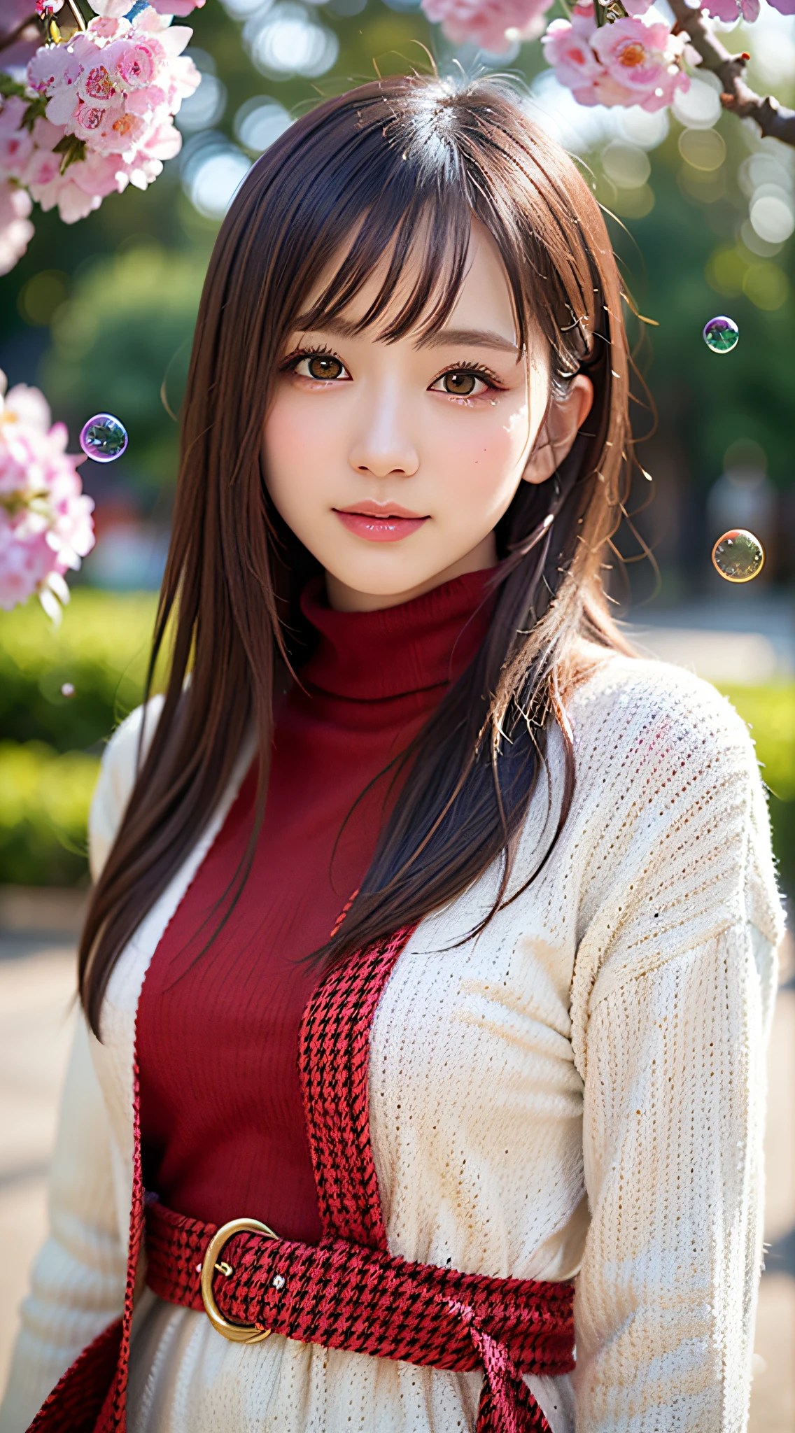 1 beautiful young girl, Super beautiful detailed face, smile shyly, symmetrical black eyes, small breasts), (red houndstooth coat:1.4), (off-white turtleneck sweater dress:1.3), bon cut hair, (Fine face:1.2), High quality, Realistic, extremely detailed CG unified 8k wallpaper, highly detailed, High-definition raw color photos, professional photography, Realistic portrait, Cinematic Light, Beautiful detailed, Super Detail, high details, (((Bokeh))), depth of fields, illumination, Super stylish lighting, Floating, (High saturation), (background, (colorful splash:1.3), (colorful bubbles:1.3), (Shining:1.3), (colorful flowers:1.3))