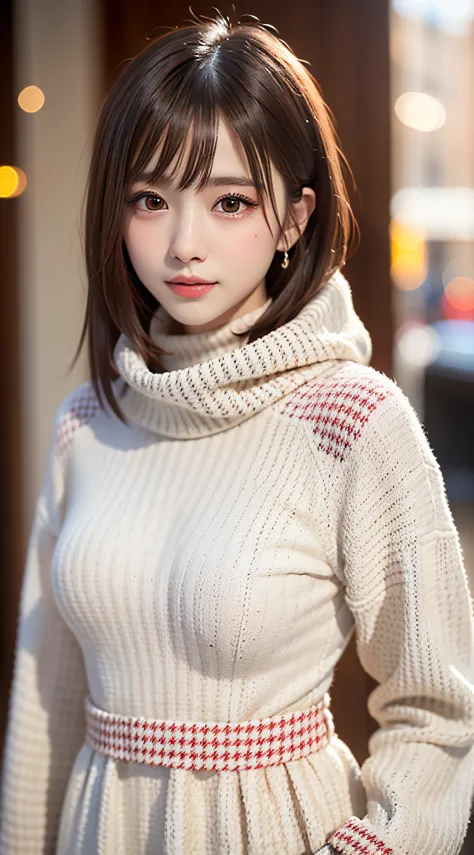 1 beautiful young girl, Super beautiful detailed face, smile shyly, symmetrical black eyes, small breasts), (red houndstooth coat:1.4), (off-white turtleneck sweater dress:1.3), hime cut hair, (Fine face:1.2), High quality, Realistic, extremely detailed CG...