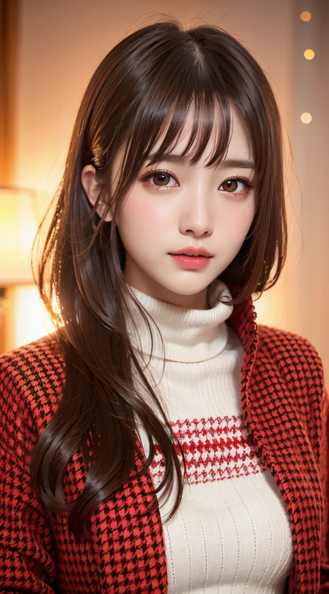 1 beautiful young girl, Super beautiful detailed face, smile shyly, symmetrical black eyes, small breasts), (red houndstooth coat:1.4), (off-white turtleneck sweater dress:1.3), hime cut hair, (Fine face:1.2), High quality, Realistic, extremely detailed CG...