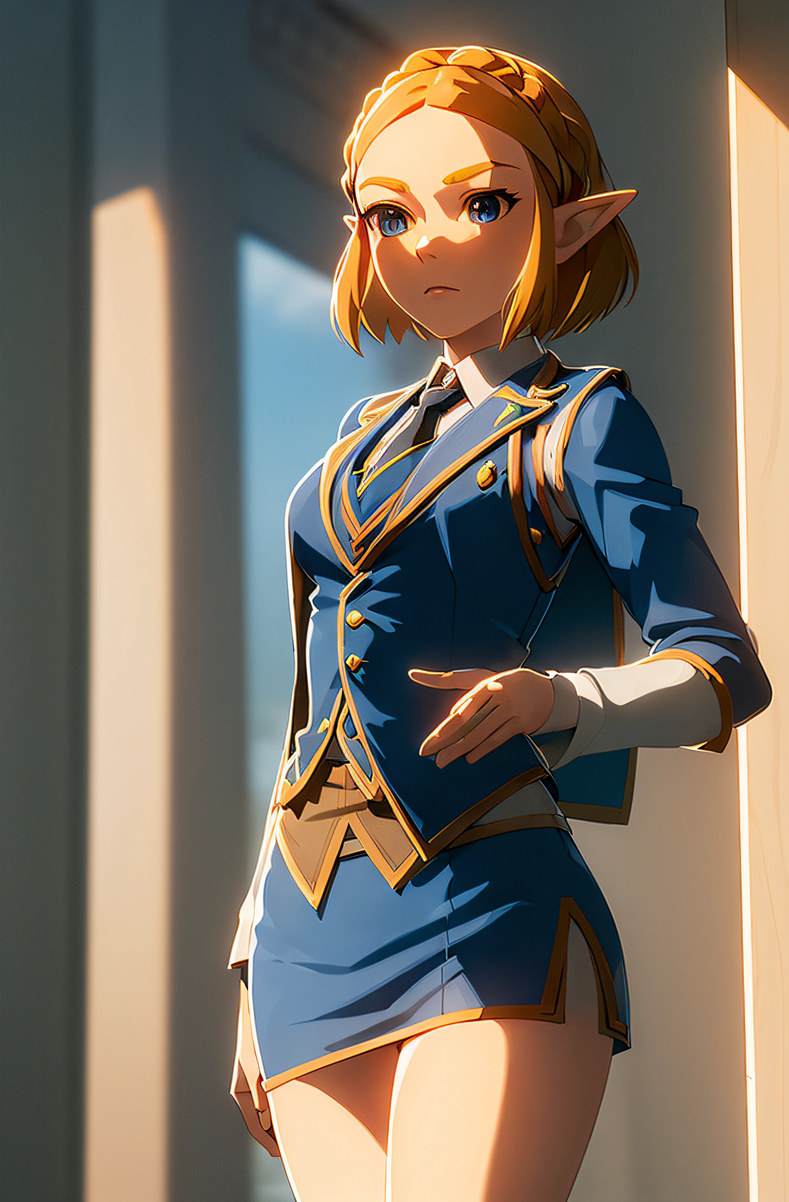 masterpiece,best quality,zelda\(princess\), 1girl, solo, breasts,short_hair,  skirt suit, (((three-piece suit))), (((necktie))), blazer, (((suit jacket))), (((waistcoat))), double-breasted waistcoat, bodycon miniskirt, pencil skirt,