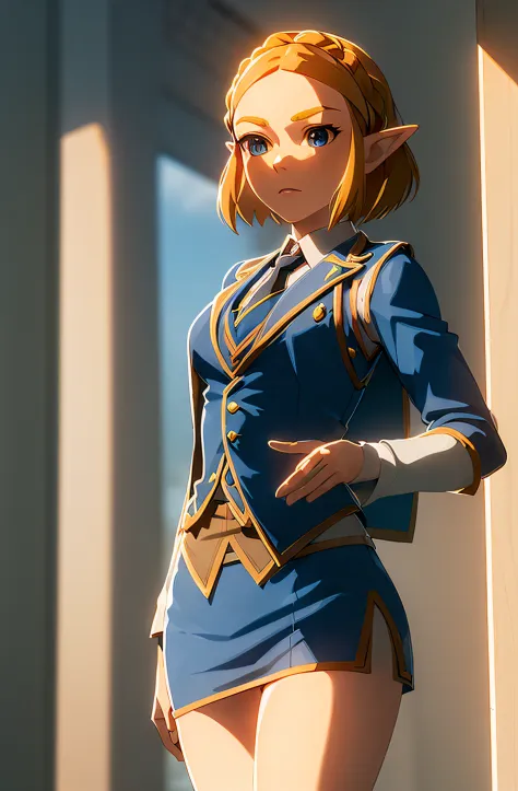 masterpiece,best quality,zelda\(princess\), 1girl, solo, breasts,short_hair,  skirt suit, (((three-piece suit))), (((necktie))),...