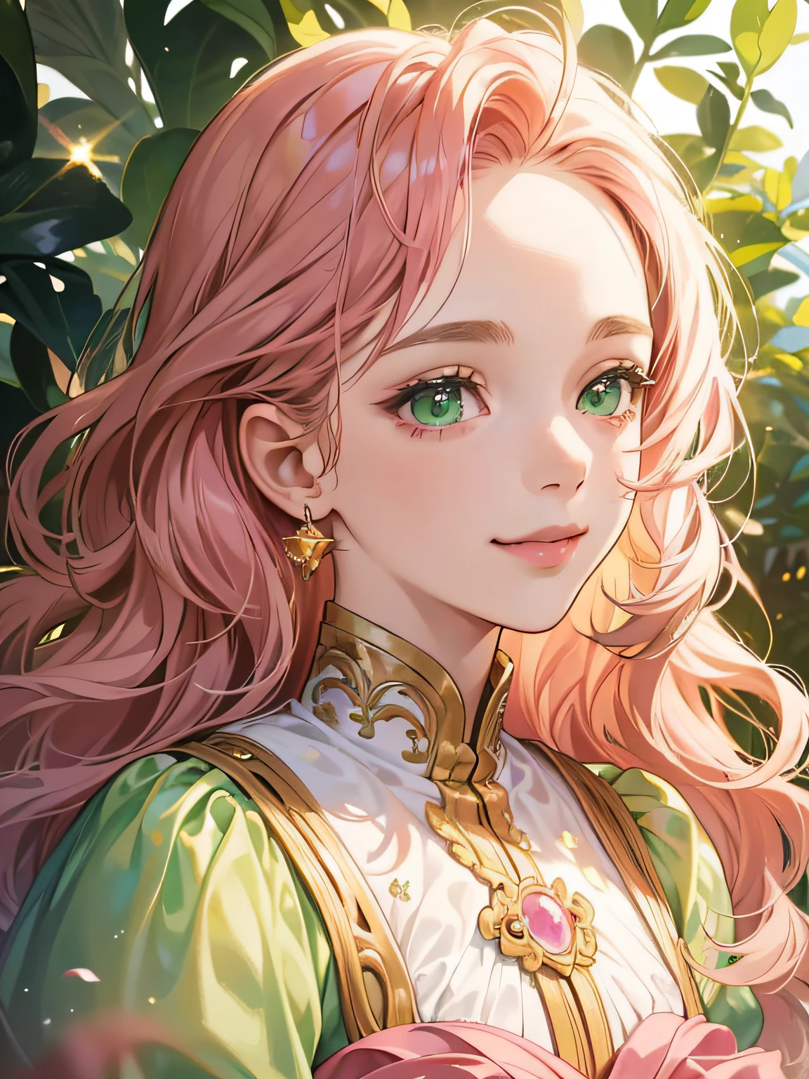 {(best quality, 8k, masterpiece, HDR, soft lighting, perfect image, 1:2 detailed face)} 1 12 year old girl, pink wavy hair, green eyes (light smile) wearing luxurious dress, dreamlike background , details in gold and sparkles