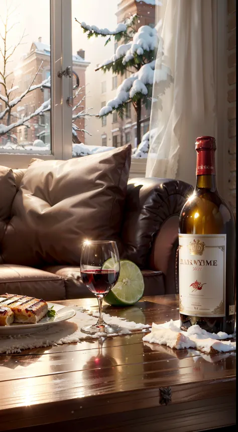 Extreme close-up，clear，tmasterpiece，New Year's table，It stores delicious food，red wine，the fruits，barbecue，wineglass，red sofa，fireplace，Bright natural light，It was snowing heavily outside the window，liveroom，C4D，Empty product display scene，Positive perspec...