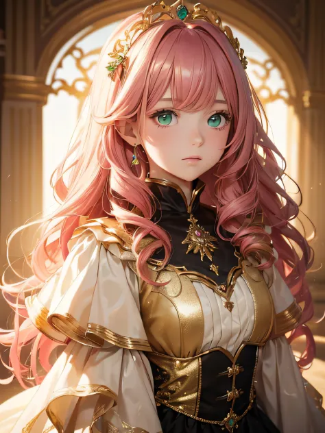 {(best quality, 8k, masterpiece, HDR, soft lighting, perfect image)} 1 very beautiful 12 year old girl, pink wavy hair, green eyes (imposing posture, expressionless) wearing a luxurious dress, black background, gold details and sparkles