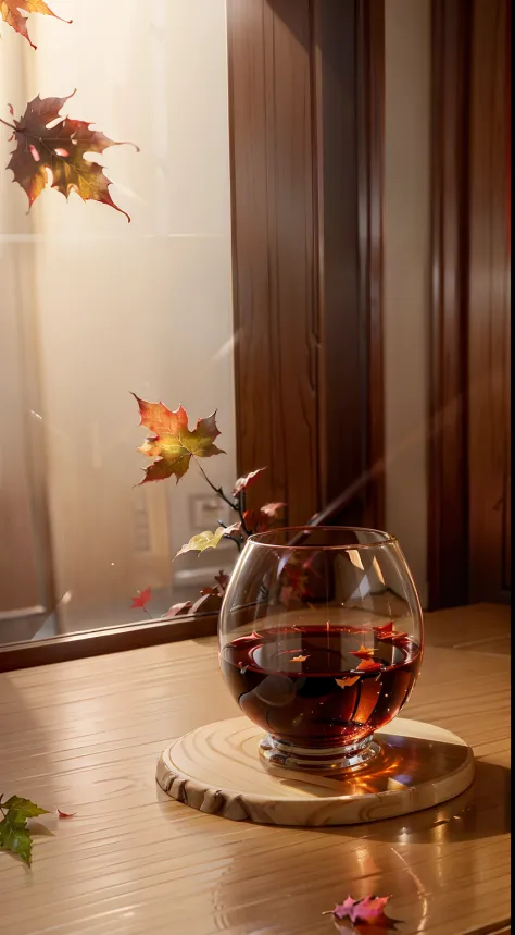 Extreme close-up，Clear，tmasterpiece，Chinese classical dining table，It is stocked with delicious food，red wine，wineglass，Youth League，Chinese pastry，Bright natural light，Red maple leaves outside the window，Chongyang Festival atmosphere，liveroom，C4D，Empty pr...