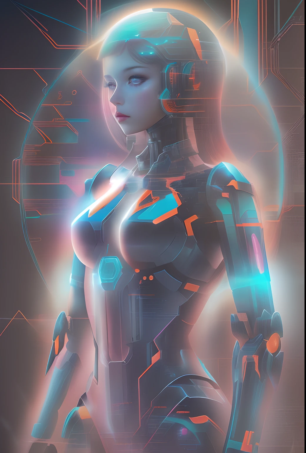 Mecha-Mädchen，Futuristischer virtueller holografischer digitaler Bildhintergrund，（Doppelgefährdung：1.8），Komplexe Illustrationen im surrealistischen Kunststil，Surreale Träume，Inkognito als virtuelles Hologramm，Gläserner Mensch，Virtuelles holografisches digitales Bild