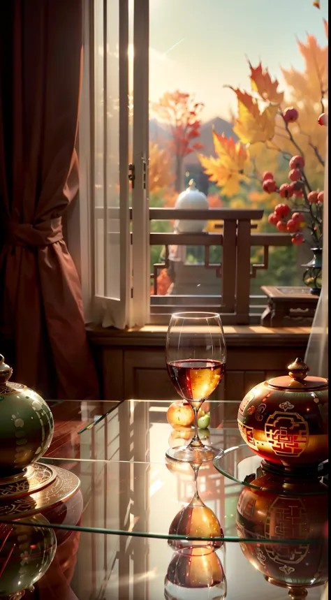 Extreme close-up，Clear，tmasterpiece，Chinese classical dining table，It is stocked with delicious food，red wine，wineglass，A variety of Chinese cakes，orange，apples，Bright natural light，Outside the window it is autumn，Pale green curtains，liveroom，C4D，Empty pro...
