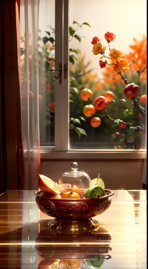 Extreme close-up，Clear，tmasterpiece，Chinese classical dining table，It is stocked with delicious food，red wine，wineglass，A variety of Chinese cakes，orange，apples，Bright natural light，Outside the window it is autumn，Pale green curtains，liveroom，C4D，Empty pro...