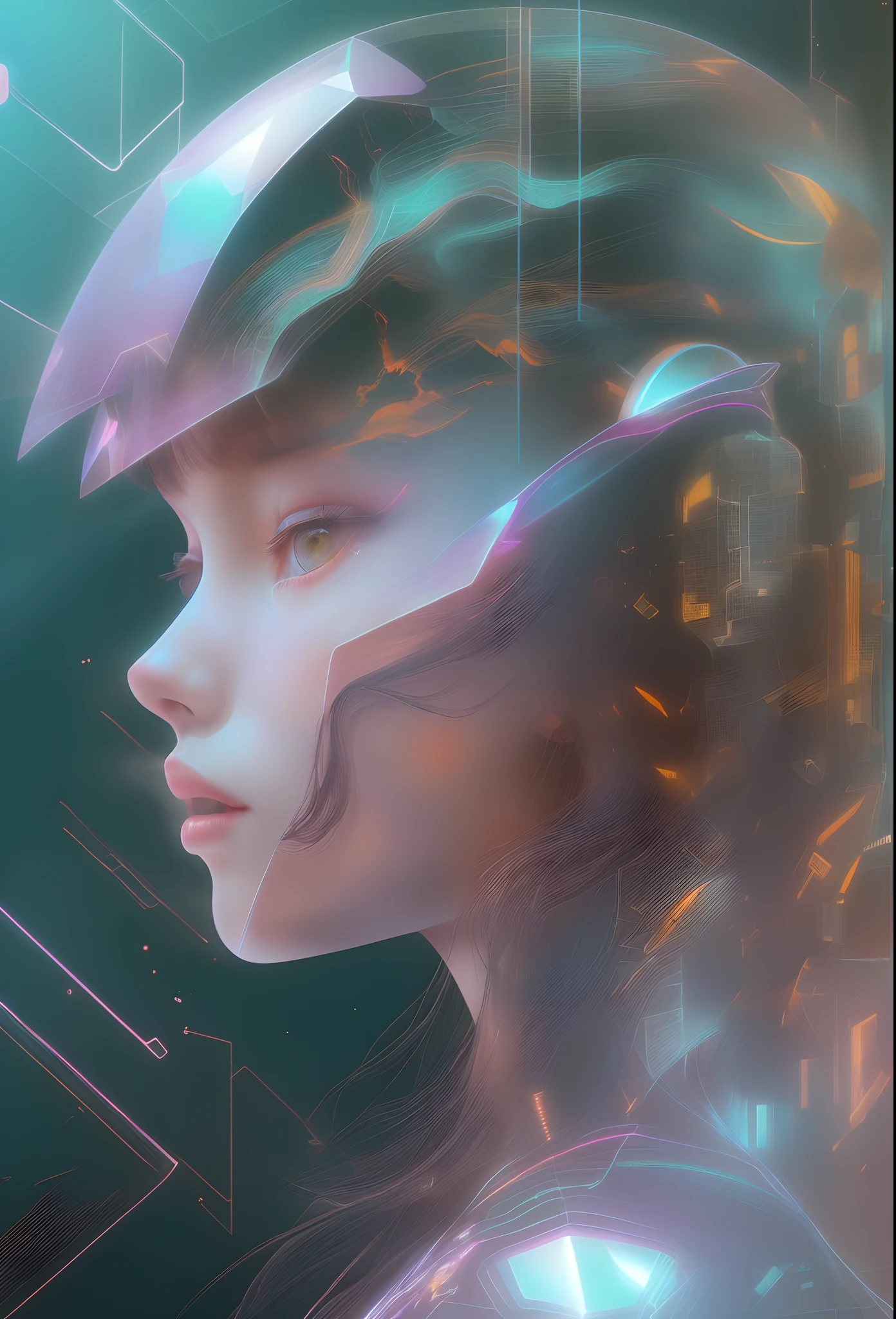 mecha-girl，Futuristic virtual holographic digital image background，（Doubleexposure：1.8），Complex illustrations in surrealist art style，Surreal dreams，Incognito as a virtual hologram person，Transparent people，Virtual holographic digital image