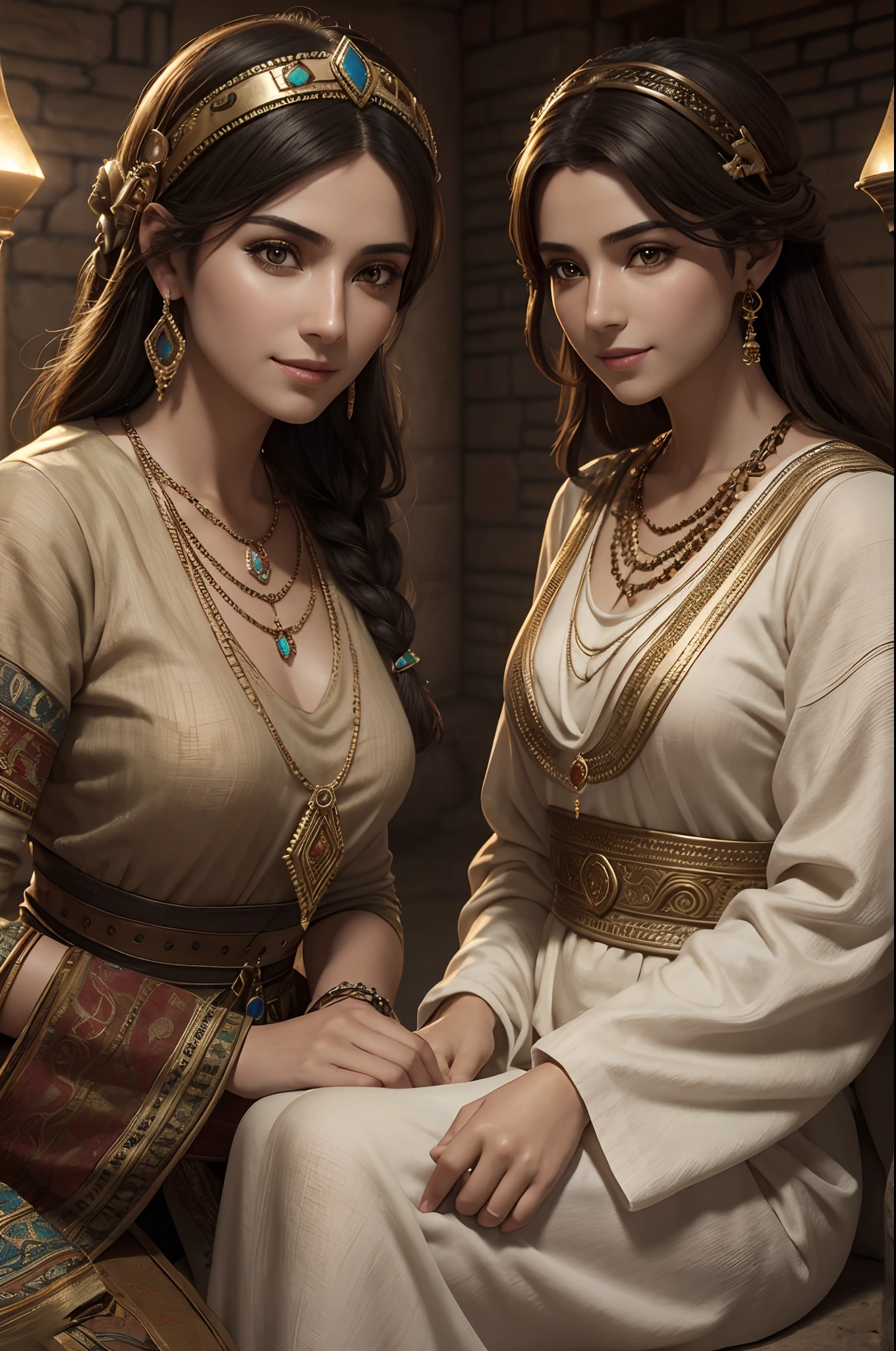 Two women in ancient clothing sitting on a bench in a room - SeaArt AI