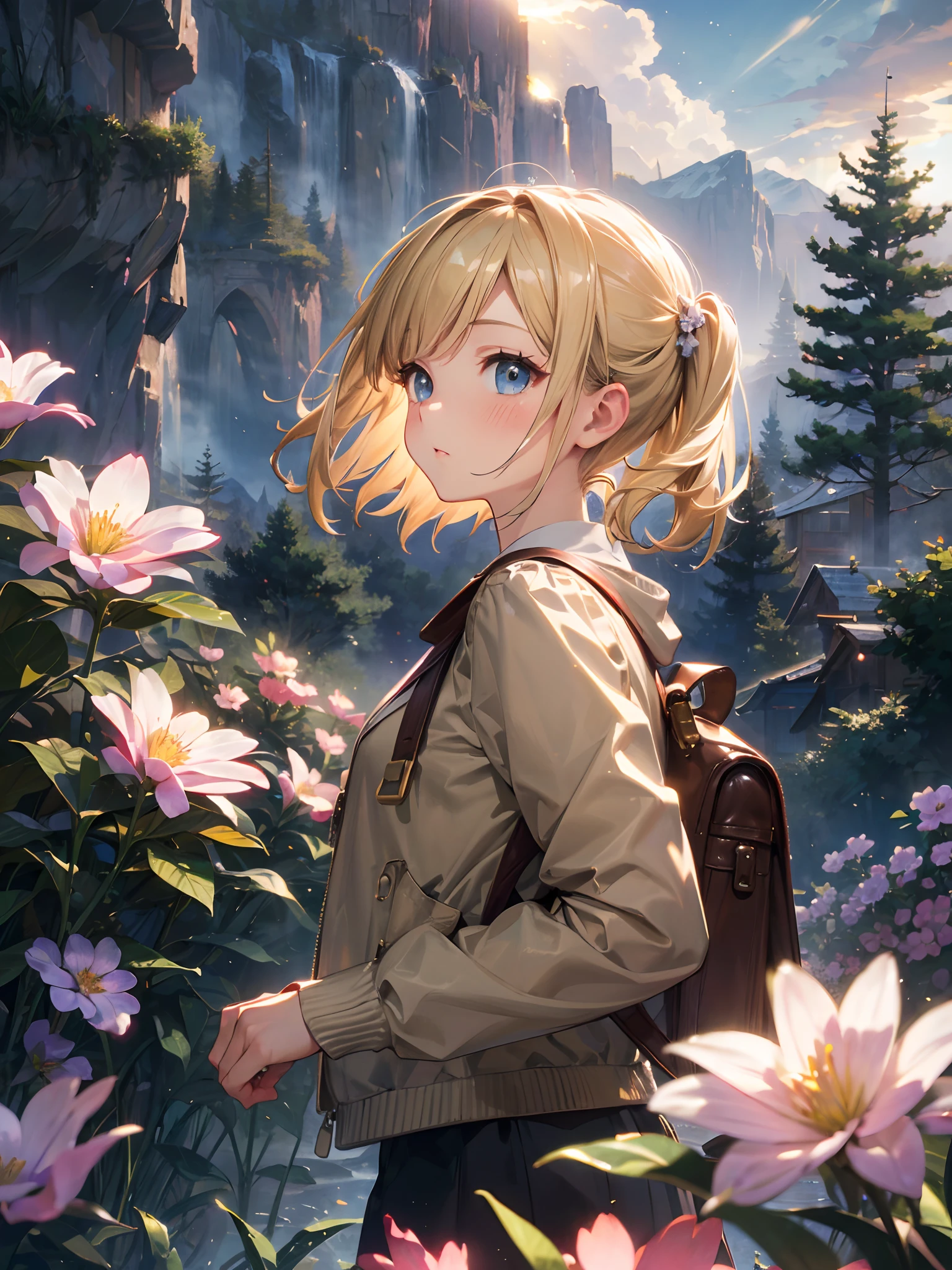 ​masterpiece、top-quality、8K,女の子1人、extremely beautiful detailed face and eyes, Short hair, Blonde hair with short twin tails, Shiny hair, Delicate beautiful face, red blush、(Deep Blue Eyes:1.12 , from the rear、rucksack、Light jacket、Daytime、the woods、The tree、lots of flower、cliff、Soto、sunlights、mountainous setting、Skysky、Warm lighting、surrealistic、细致背景、depth of fields、Rim lighting、Specular Highlights、bloom、Atmospheric lighting、Sunlight、