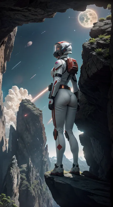 Highly detailed RAW color Photo, Rear Angle, Full Body, of (female space marine, wearing white and red space suit, futuristic helmet, tined face shield, rebreather, accentuated booty), outdoors, (leaning over rocky Edge, looking out at advanced alien struc...