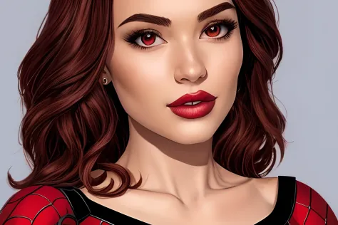 tan spiderman woman with very dark red hair, medium lips, hispanic ethnic nose