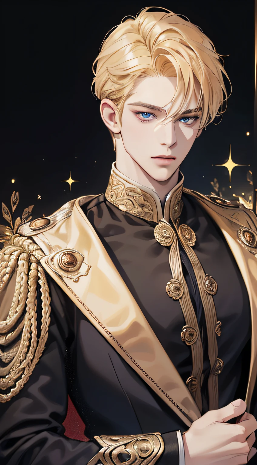 {(best quality, 8k, masterpiece, HDR, soft lighting, perfect image, digital illustration, manhwa art, hyper detailed image, perfect lines, realistic)} 1 very handsome man, golden blonde hair, dark blue eyes, luxurious clothes (prince, imposing posture, soft smile), {(black background with golden sparkles, blurred)}