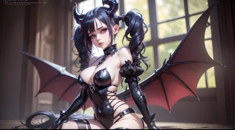 Succubus, 18 years old, fringe, pigtails, scissor hands, bat wings, two small horns on the head, gothic, extreme beauty, wide hip, full body, luminism, 300 DPI, 8K Ultra HD, realistic photo, dark, cute, kawai --auto --s2