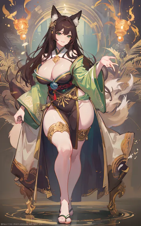 (Masterpiece: 1.5), (Best Quality: 1.5), Perfect Eyes, Perfect Face, Volumetric Lighting, 1 Woman, Mature Woman, (Whiteness: 5), Fox ears, Fox tail, green eyes, dark brown hair, massive breasts, massive cleavage, kimono, thick thighs, wide hips, sexy, bare...