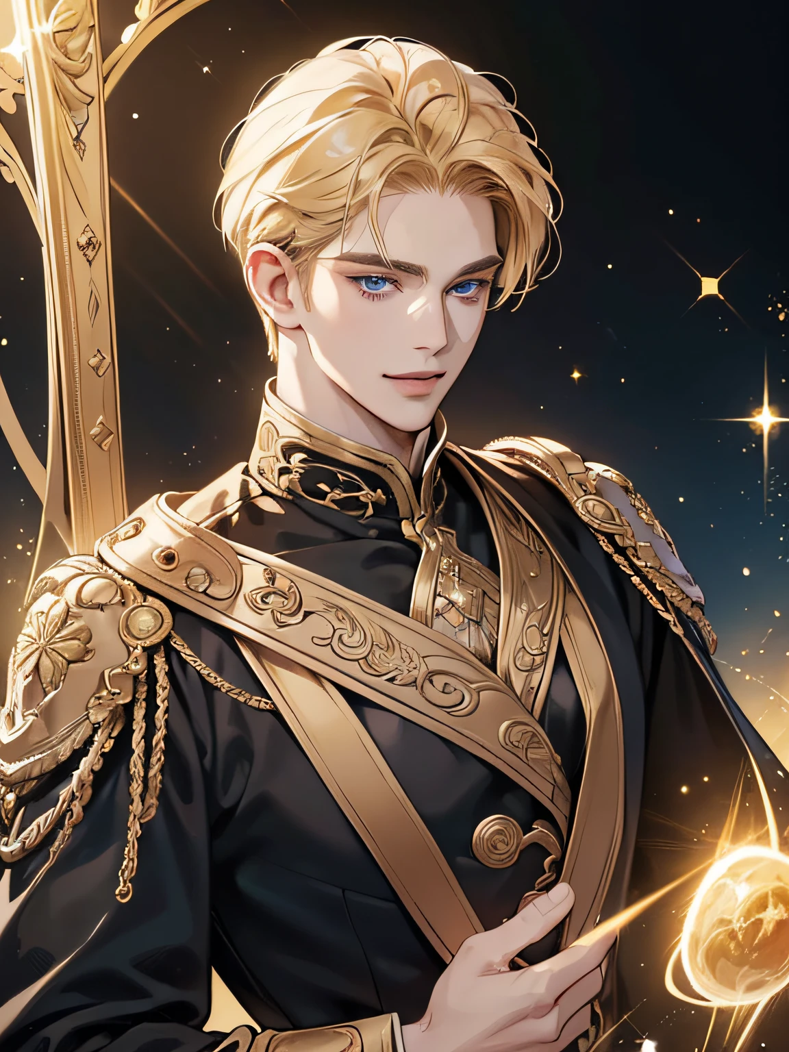 {(best quality, 8k, masterpiece, HDR, soft lighting, perfect image, digital illustration, manhwa art, hyper detailed image, perfect lines, realistic)} 1 very handsome man, short golden-blond hair, dark blue eyes, clothes luxurious (imposing posture, smiling), {(black background with golden sparkles, blurred)}