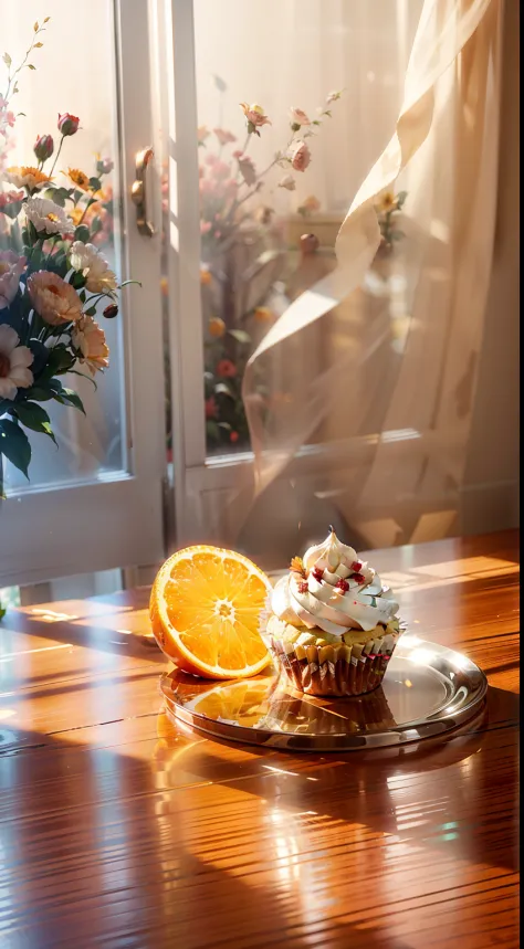 Extreme close-up，Clear，tmasterpiece，Mahogany dining table，There were cupcakes on the table，red wine，wineglass，oranges，apples，Beautiful decoration with bouquet of flowers，Bright natural light，Outside the window it is autumn，Translucent screen curtains，liver...