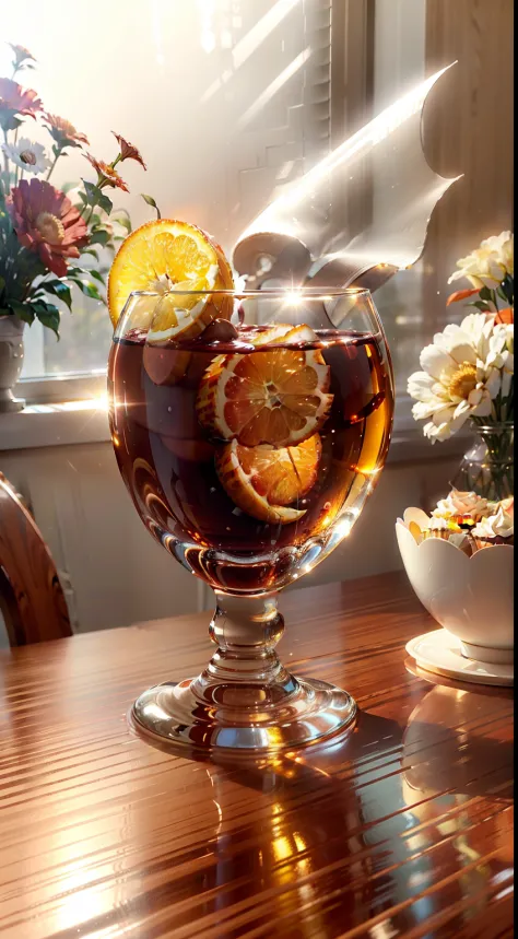 Extreme close-up，Clear，tmasterpiece，Mahogany dining table，There were cupcakes on the table，red wine，wineglass，oranges，apples，Beautiful decoration with bouquet of flowers，Bright natural light，Outside the window it is autumn，Translucent screen curtains，liver...