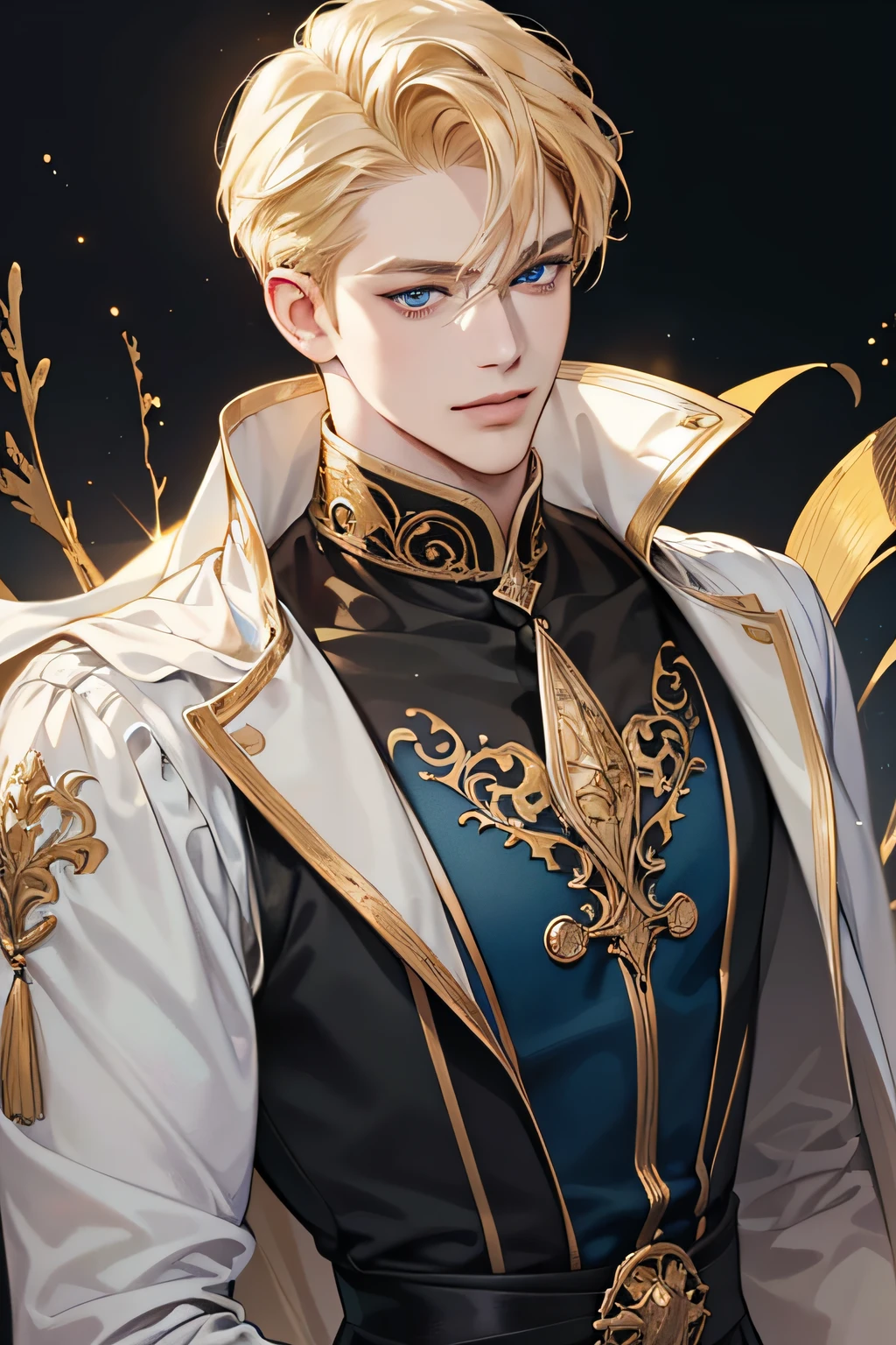 {(best quality, 8k, masterpiece, HDR, soft lighting, perfect image, digital illustration, manhwa art, hyper detailed image, perfect lines, realistic)} 1 very handsome man, short blonde hair, ocean blue eyes, luxurious clothes (imposing posture, smiling), {(black background with golden sparkles)}