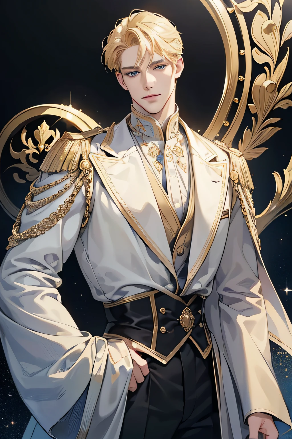 {(best quality, 8k, masterpiece, HDR, soft lighting, perfect image, digital illustration, manhwa art, hyper detailed image, perfect lines, realistic)} 1 very handsome man, short blonde hair, ocean blue eyes, luxurious clothes (imposing posture, smiling), {(black background with golden sparkles)}