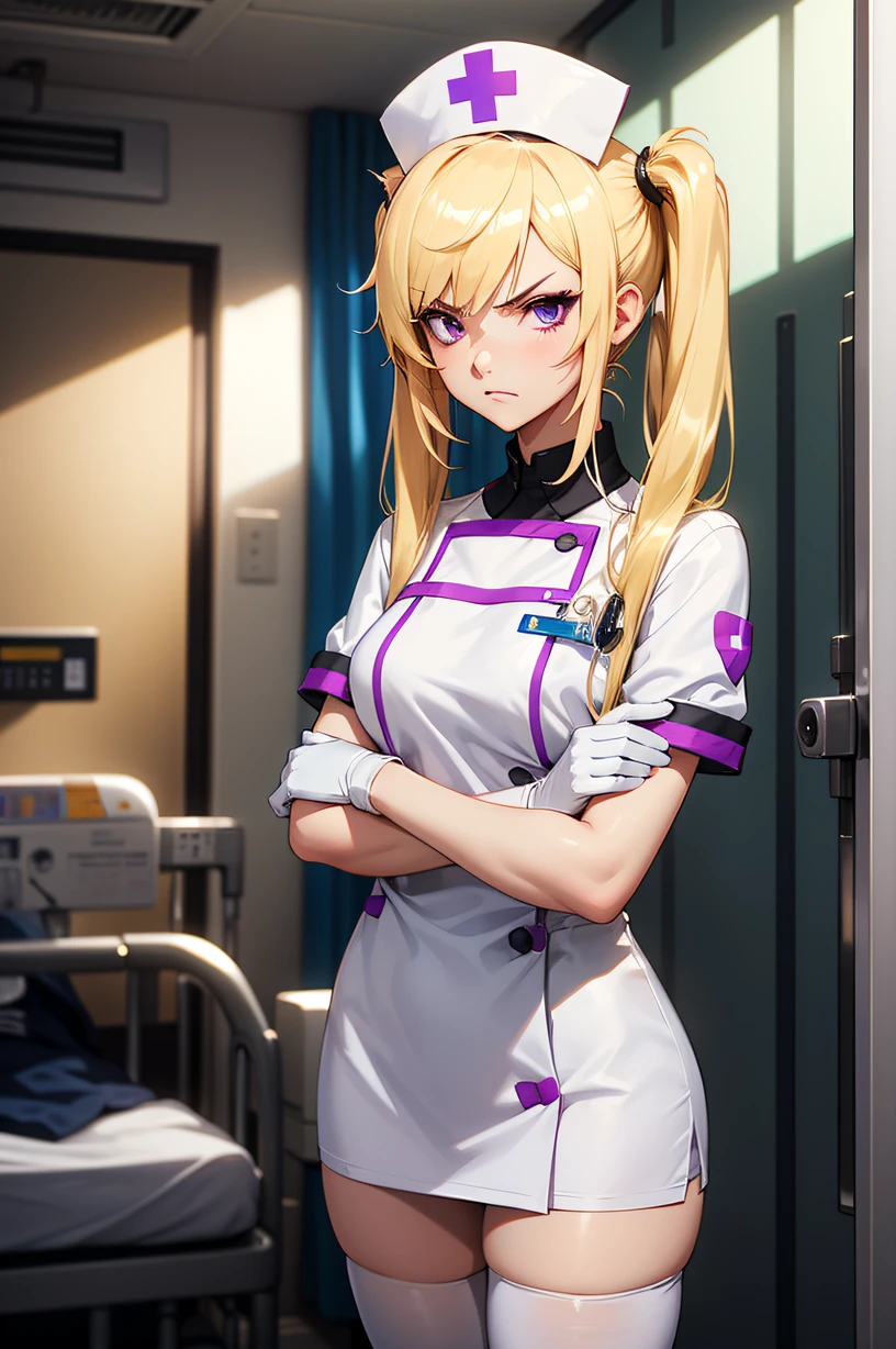 1girl, solo, nurse, nurse cap, white wear, ((white legwear, zettai ryouiki)), white gloves, twintails, yellow hair, purple eyes, angry, crossed arms, standing, ((hospital room)), sharp outline, short sleeves, best quality, masterpiece