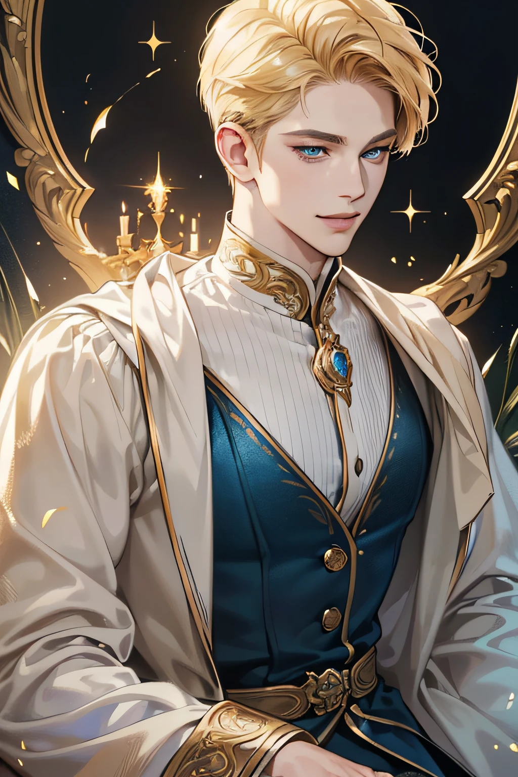{(best quality, 8k, masterpiece, HDR, soft lighting, perfect image, digital illustration, manhwa art, hyper detailed image, perfect lines, realistic)} 1 very handsome man, short blonde hair, ocean blue eyes, luxurious clothes (imposing posture, smiling), {(black background with golden sparkles)}