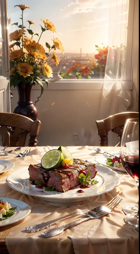 Extreme close-up，Clear，tmasterpiece，Table in the dining room，Delicious steak on the table，red wine，wineglass，Fruit platter，Beautiful classical vase with flowers，Bright natural light，Outside the window it is autumn，Translucent curtains，dining room，C4D，Empty...