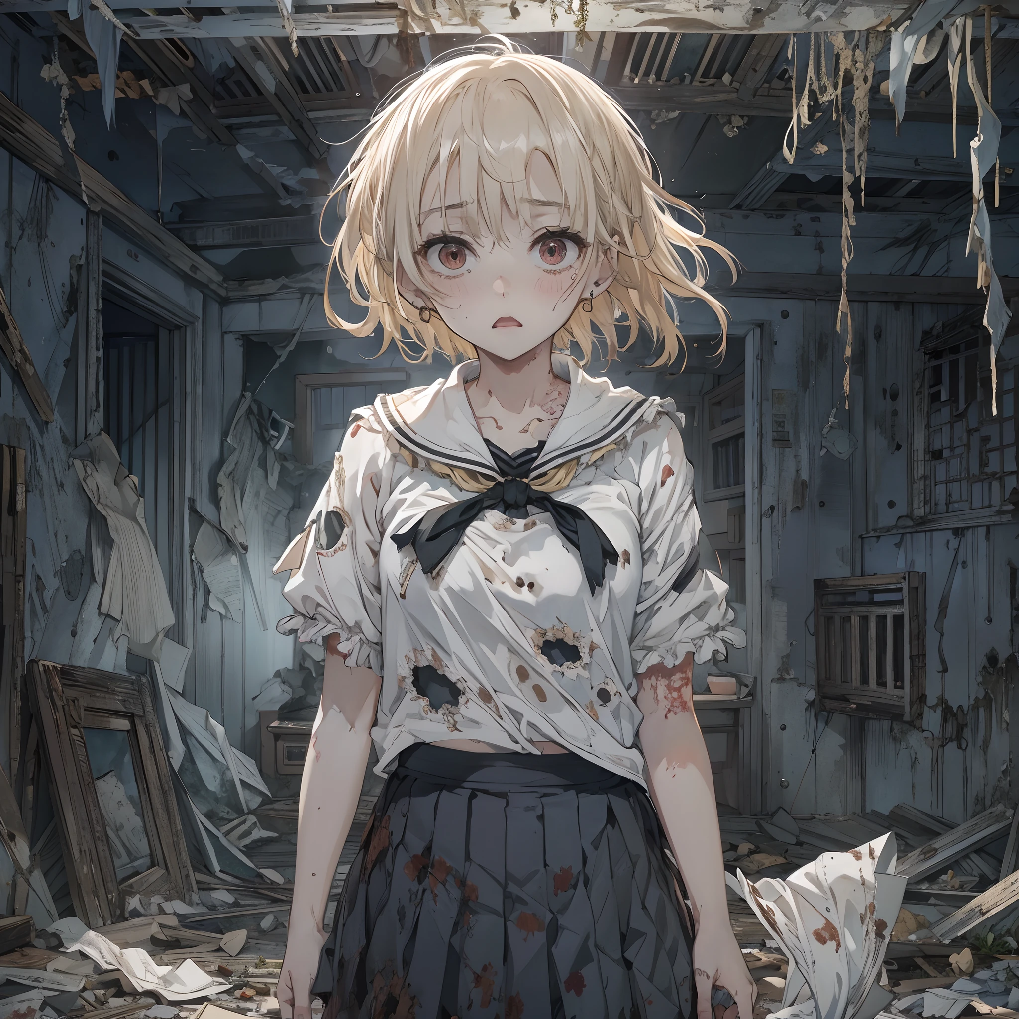 Anime girl in a destroyed room with a cat - SeaArt AI