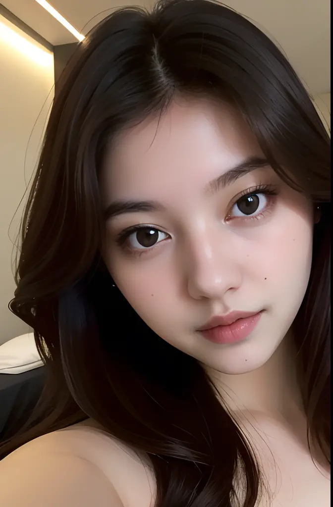 (masterpiece), (pov close up), best quality, masterpiece, (photorealistic:1.2), 1woman, vonzy selfie in bed, on sidepool at night, front view, realistic skin, (round face), curtain fringe messy hair, brown hair, human skin imperfection, blackout lighting