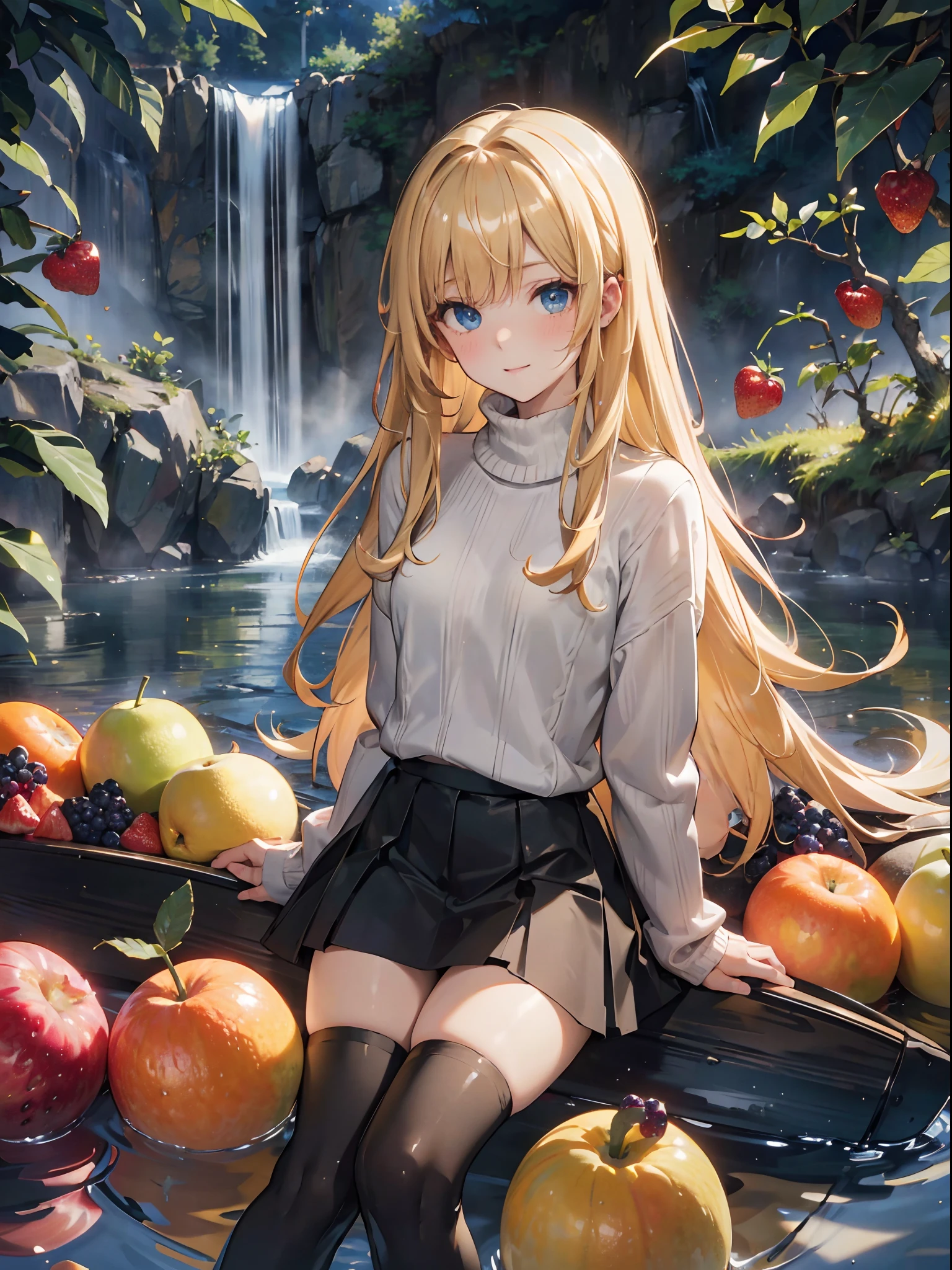 absurderes, ultra-detailliert,bright colour,(in 8K:1.3),masuter piece,extremely beautiful detailed face and eyes,(Surrounded by a lot of fruits:1.5), (Smooth straight blonde hair:1.3), (Shiny hair:1.2),(Pattsun bangs:1.2) Delicate beautiful face, red blush、(Deep Blue Eyes:1.3),(Sweater and black tights:1.3), Lakes and waterfalls in autumn, School uniform, Natural Nice Spot,Happy, Detailed face,