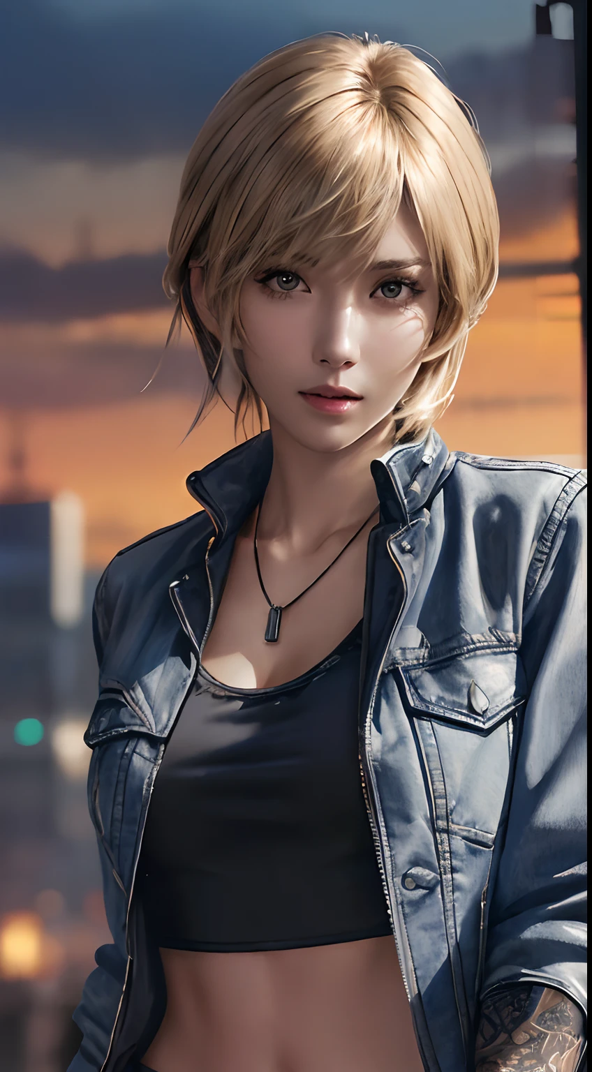 ayabrea, 1girl, solo, crop top jacket, bracelet, necklace, (holding gun), looking_at_viewer, realistic, upper_body, (masterpiece:1.2), (best quality), (ultra detailed), (8k, 4k, intricate), (highly detailed:1.2),(detailed face:1.2), (city background), (ultra hd wallpaper)