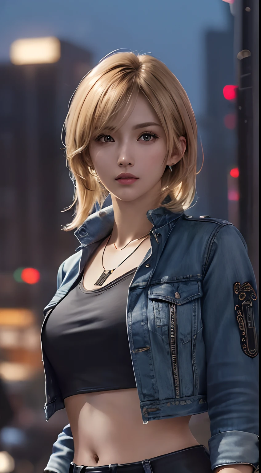 ayabrea, 1girl, solo, crop top jacket, bracelet, necklace, (holding gun), looking_at_viewer, realistic, upper_body, (masterpiece:1.2), (best quality), (ultra detailed), (8k, 4k, intricate), (highly detailed:1.2),(detailed face:1.2), (city background), (ultra hd wallpaper)