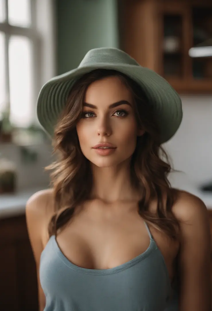 arafed woman with a necklace, large breasts, sitting on a kitchen counter, modern kitchen, white countertop, sexy girl with green eyes, portrait sophie mudd, brown hair and large eyes, selfie of a young woman, bedroom eyes, violet myers, without makeup, na...