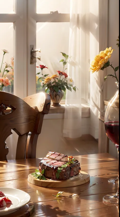 Extreme close-up，Clear，tmasterpiece，Table at the bar，Delicious steak on the table，red wine，wineglass，fruit platter，Beautiful classical vase with flowers，Bright natural light，Outside the window it is autumn，Translucent curtains，In the bar，C4D，Empty product ...