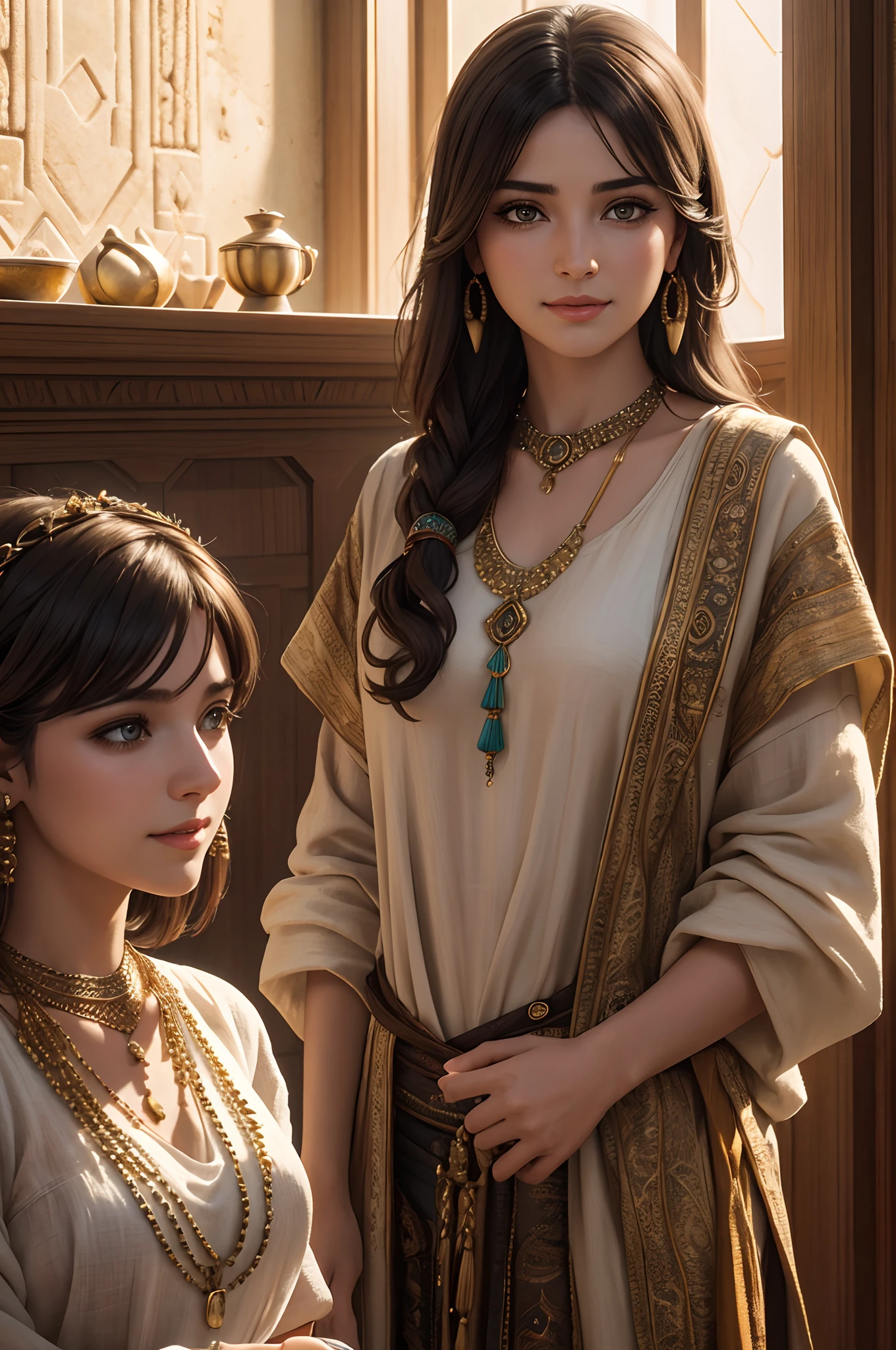 high quality, ultra-realistic, closeup portrait of two Beautiful women of ancient Mesopotamia,leering:1.4,dynamic pose, ancient Mesopotamian civilization, Babylonia, Uruk, tunics of various lengths, linen garments, agate necklaces,translucent paisley clothing, Kaunakes, bronze ware, a little smile, high adobe walls, luminism, 3d render, octane render, cinematic, Isometric, awesome full color, 8K Ultra HD, by yukisakura, high detailed,