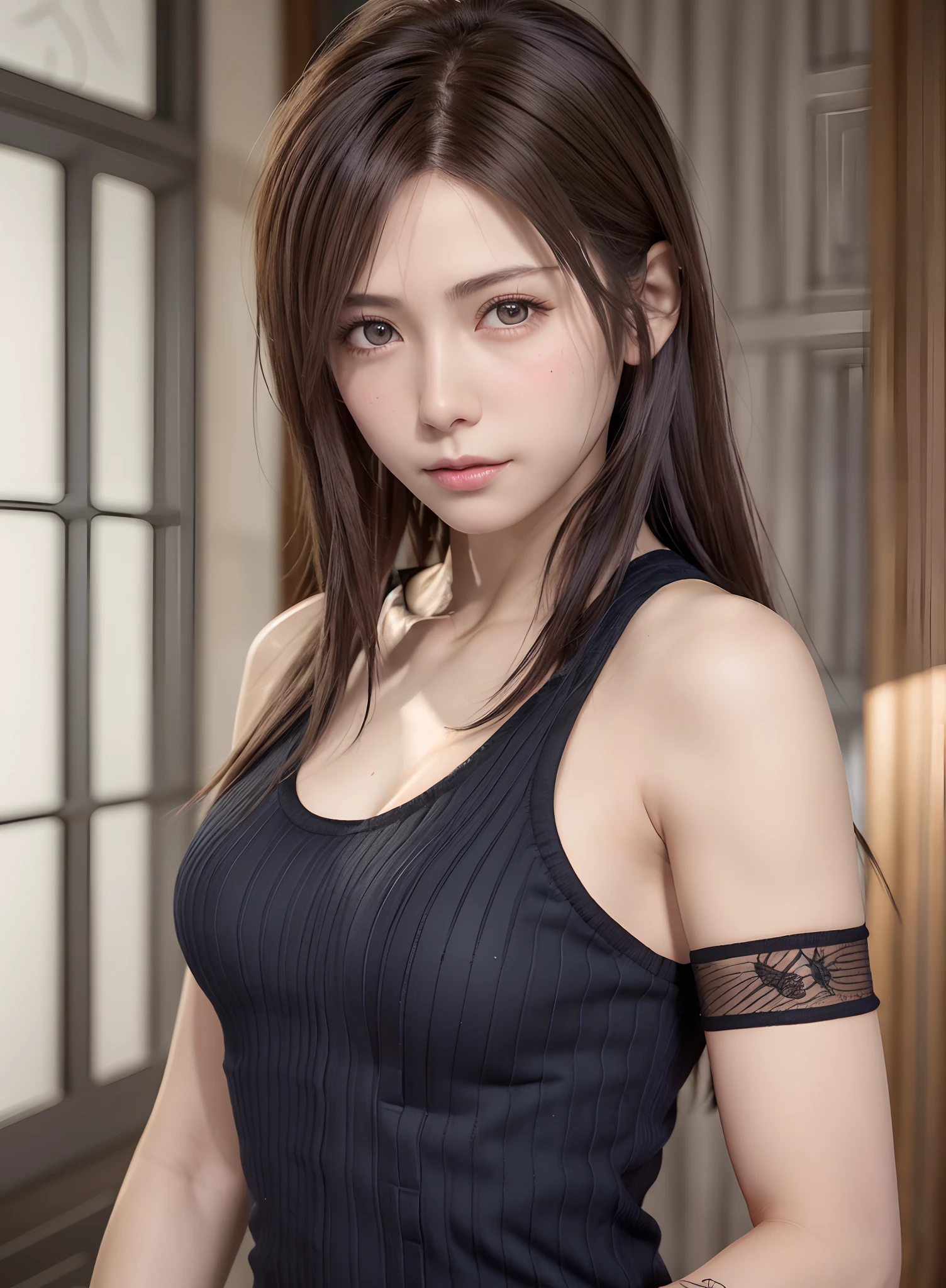 high quality picture, masutepiece, detailed hair texture, Detailed skin texture, Detailed Cloth Texture, 8K, Add fabric details, ultra detailed skin texture, ultra detailed photographic, Skin pores, Portrait of a girl, wearing tank top,