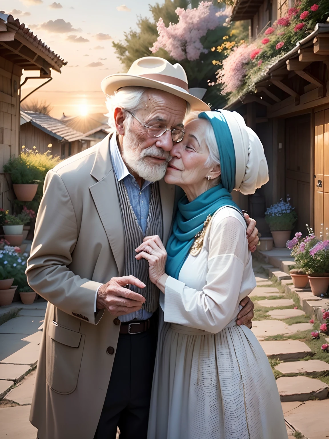 It shows an elderly couple in a traditional Iranian village. The man and woman are embracing and kissing. They are clearly deeply in love and happy,  The man is 80 years old, with a long white beard and hair and wearing hat. The woman is also 80 years old, and she is wearing a traditional headscarf and dress. They are standing in a flower garden, and the sun is setting in the background. It is springtime, and the flowers are in full bloom., even after many years of marriage. The scene is a reminder that love can last a lifetime.