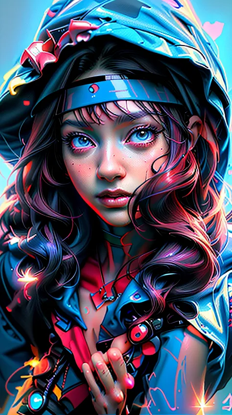 Image of a woman with a blue raincoat and red hat, Pintura digital realista, pintura digital ultra realista, Pintura digital fot...