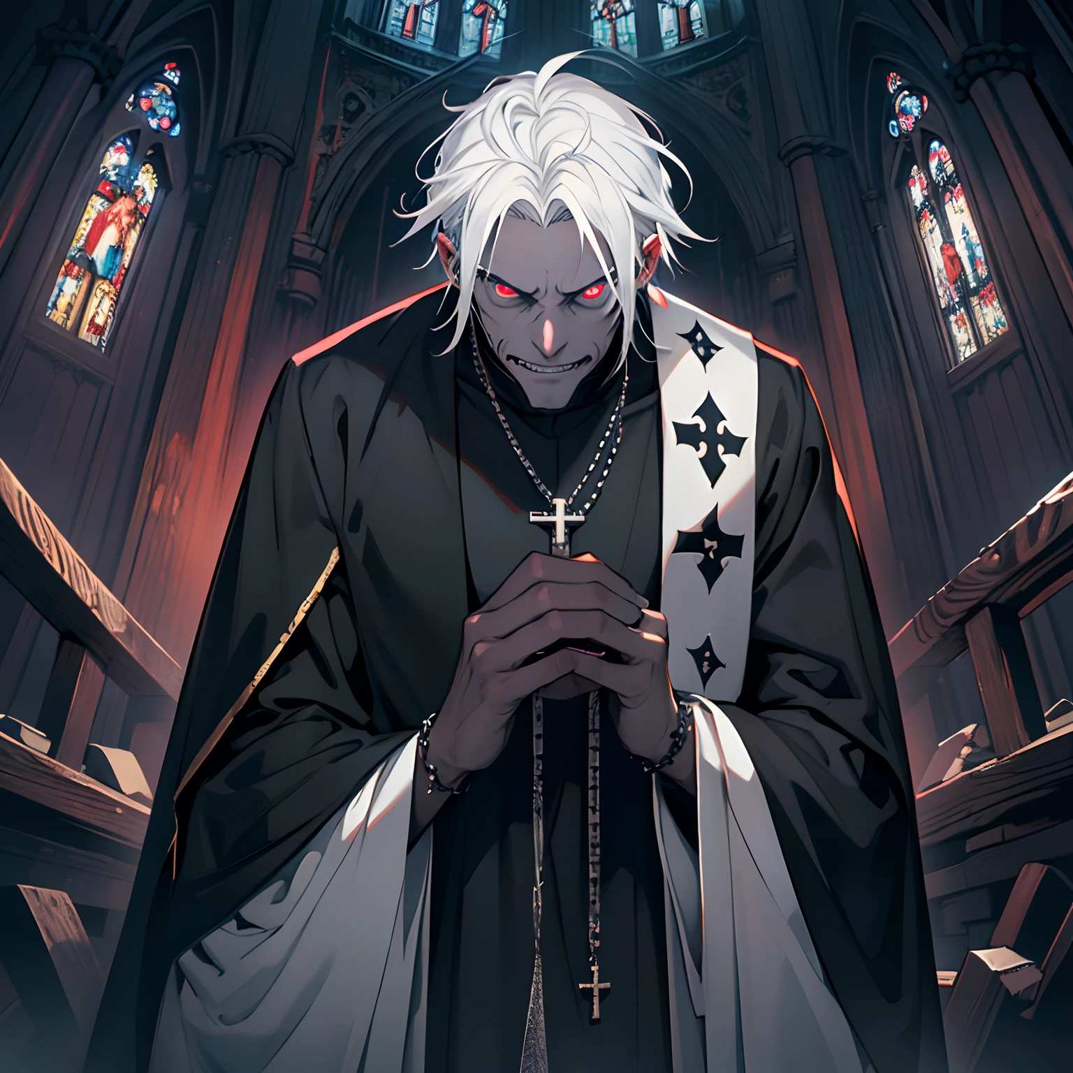 Anime character with white hair and red eyes standing in a church - SeaArt  AI