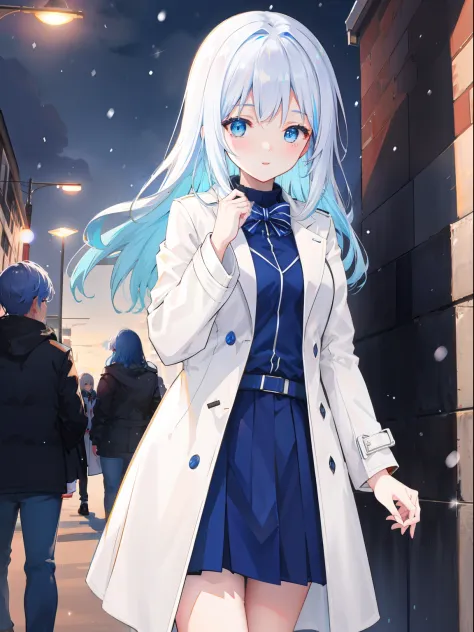 Em uma cidade grande，It's snowing，neonlight，1girll，White color hair，long whitr hair，blue color eyes，（Carefully portray the face），Height 166cm，high school senior，adolable，White trench coat，Glazed eyes，rubbing hands，（Carefully depict the action），（Carefully p...