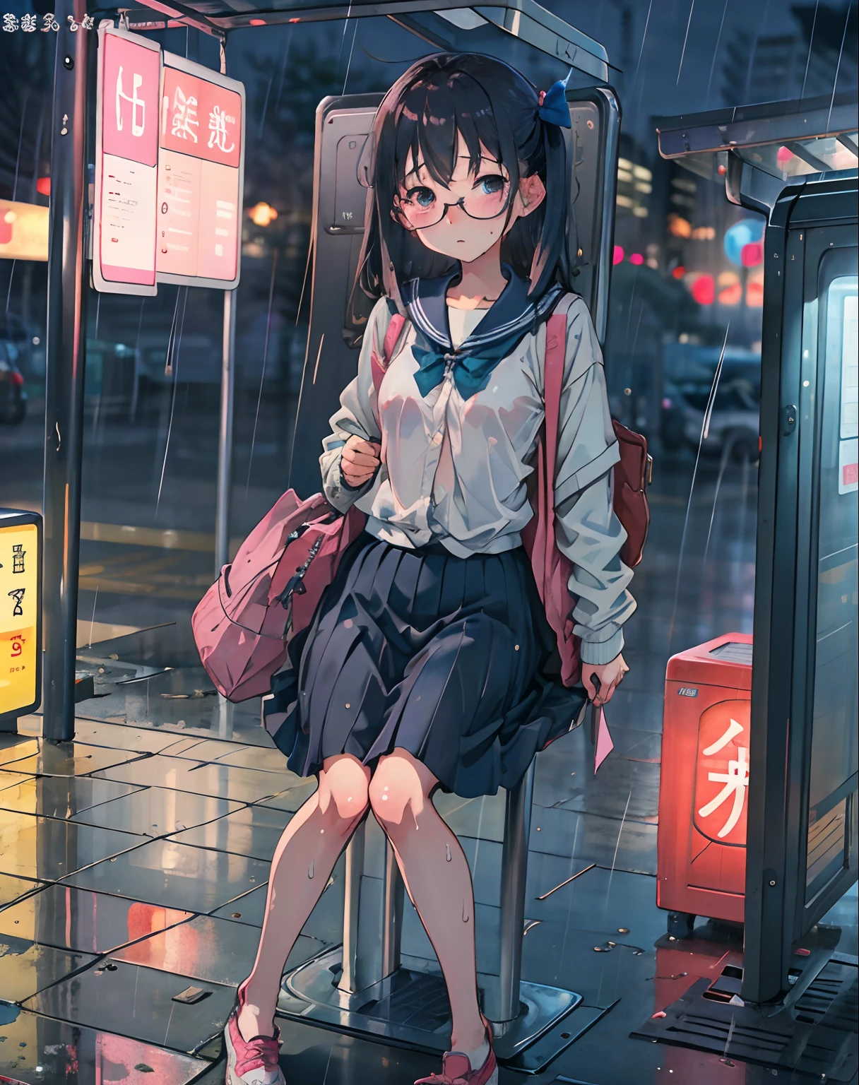 Anime girl sitting on a bus stop in the rain - SeaArt AI