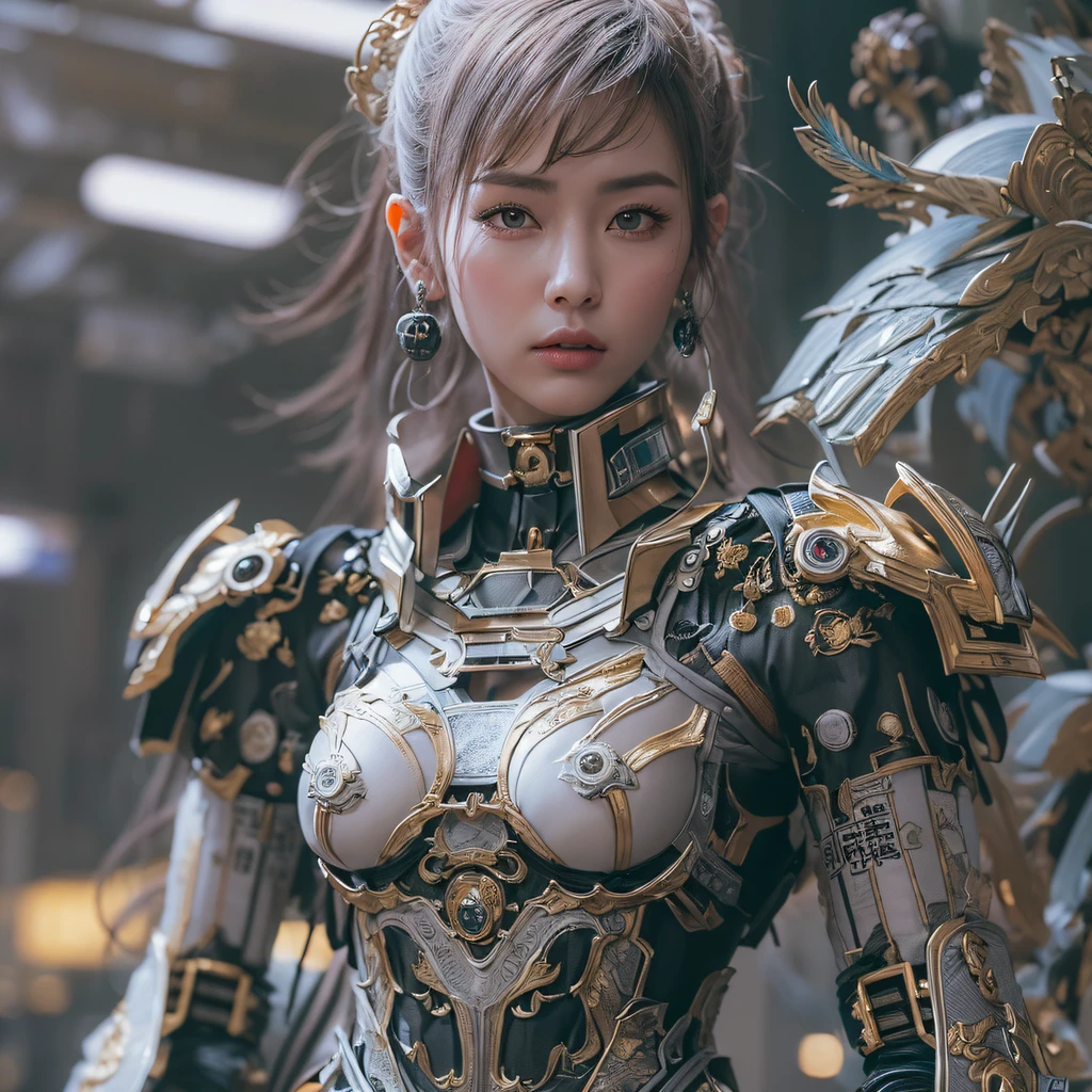 CG ，Light orange full set of thick mechs，Giant，, Realistic secret girl rendering, detailed face of a asian girl, Reality in the secret world, Smooth CG art, Realistic. Cheng Yi, Realistic secret style, A lovely secret rendering, 8K portrait rendering, Render character art 8 K, Kawaii realistic portrait，Golden-black damask white rabbit hair chest protector，Fuchsia pink diamonds, tulle burgundy diamond shin guards((ultra real detailed.mecha-girl)Mink cotton suit mech，Bright blue and white feathers gold wire shoulder pads，Shimoo Fire Tiger Female Taoist，Tailfire，Tattooed with，Genius ratio，Silicone texture，Short bright purple hair，3D modeling，4K,8K,16K smooth (Masterpiece, Top quality, Best quality, offcial art, Beauty and aesthetics: 1.2), Very detailed, Colorful, Most detailed, branches,mecha-girl, （Mards）mecha-girl（canyons）， （Linen Future Mecha Girl）， Angry fighting stance， looking at the ground， Batik linen bandana， Crane pattern long sleeve garment，Mecha Maiden Canyon（Abstract propylene splash：1.2）， Dark clouds lightning background，Sprinkle with golden mech girl powder（realisticlying：1.4），Black color hair，Flour fluttering，rainbow background， A high resolution， the detail， RAW photogr， Sharp Re， Nikon D850 Film Stock Photo by Jefferies Lee 4 Kodak Portra 400 Camera F1.6 shots, Rich colors, ultra-realistic vivid textures, Dramatic lighting, Unreal Engine Art Station Trend, cinestir 800，Flowing black hair,（（（Red and white mech girl）））